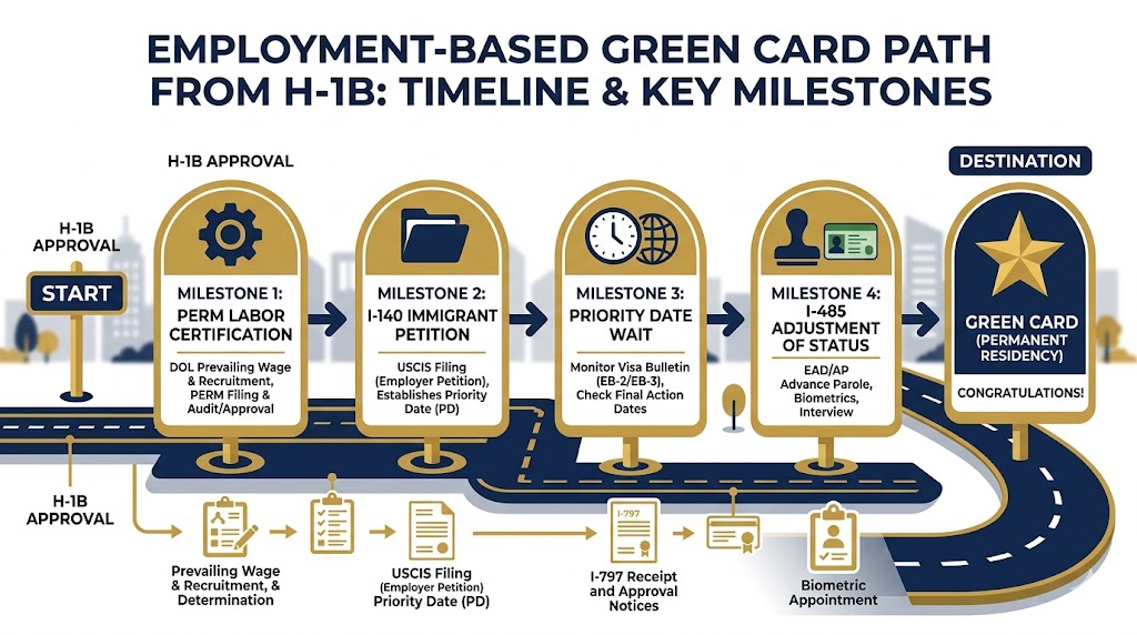 Timeline infographic showing the stages from H-1B visa to green card through employment-based immigration including PERM, I-140, and I-485
