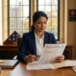 South Asian woman reviewing H-1B cap-exempt visa petition documents at a university office desk in the United States