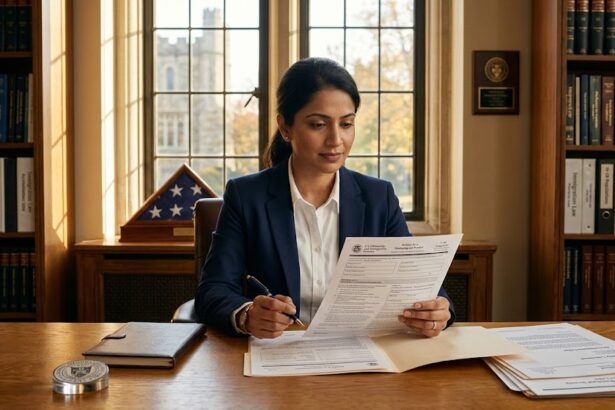 South Asian woman reviewing H-1B cap-exempt visa petition documents at a university office desk in the United States