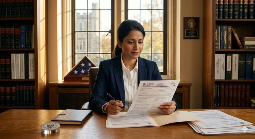 South Asian woman reviewing H-1B cap-exempt visa petition documents at a university office desk in the United States