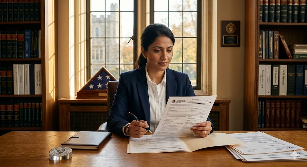 South Asian woman reviewing H-1B cap-exempt visa petition documents at a university office desk in the United States
