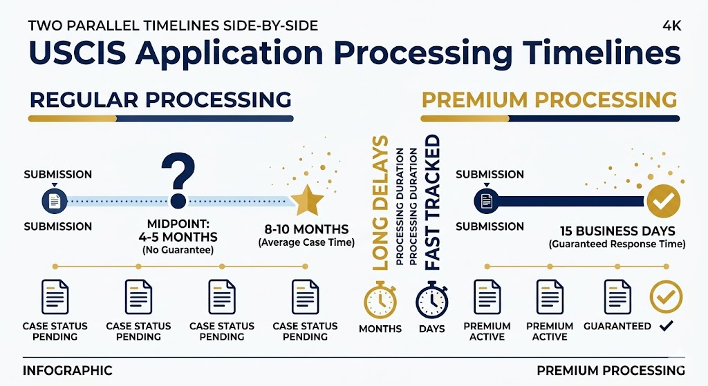 Infographic comparing H-1B extension regular processing (8-10 months) vs premium processing (15 business days) in 2026
