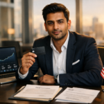 South Asian entrepreneur holding EIN-only business credit card at modern US office desk with LLC documents and laptop