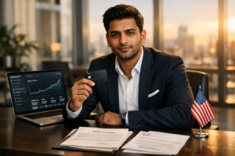 South Asian entrepreneur holding EIN-only business credit card at modern US office desk with LLC documents and laptop