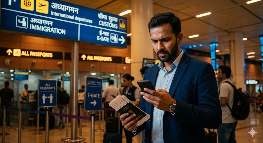 H-1B holder at international airport checking immigration status during transfer process