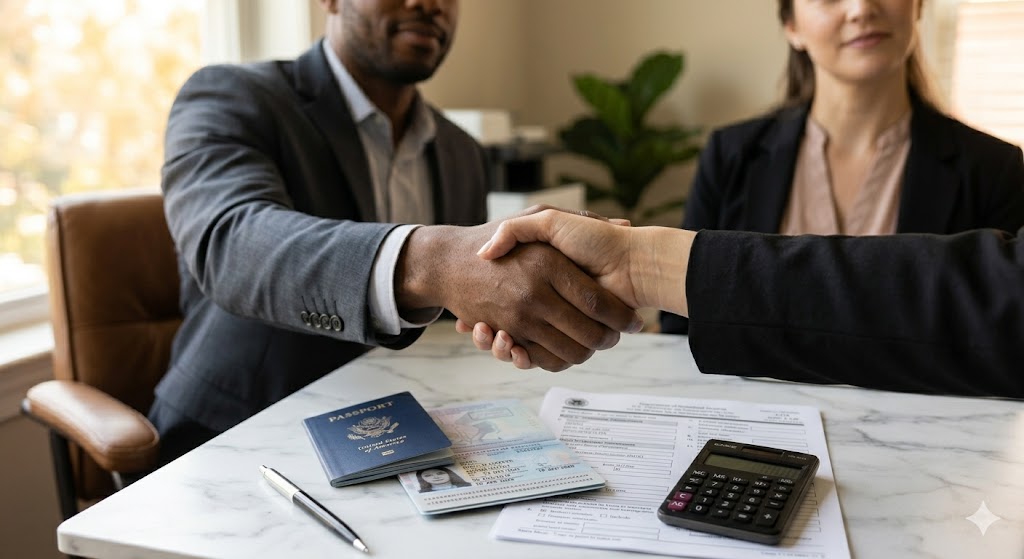 Employer and employee handshake representing H1B transfer cost responsibility agreement