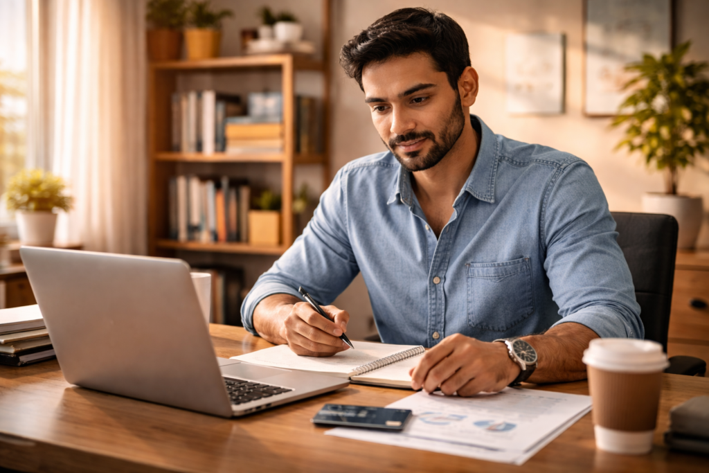 Small business owner reviewing secured business credit card options in 2026