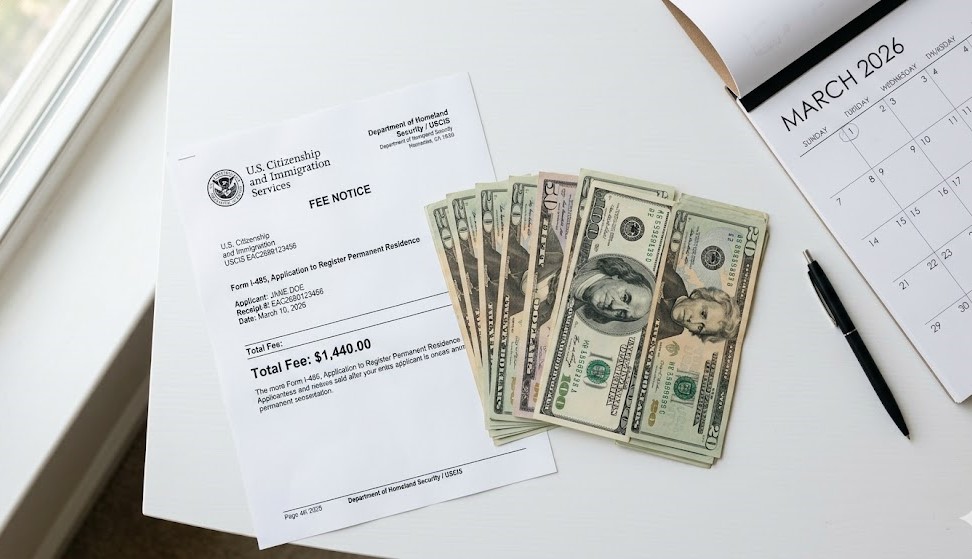 USCIS premium processing fee increase to $2,965 effective March 2026 shown with dollar bills on desk