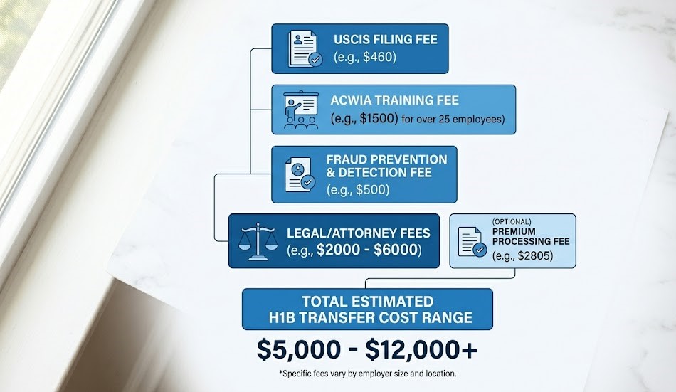 Visual breakdown of H1B visa transfer costs in 2026 including base fee, asylum fee, ACWIA fee, and premium processing