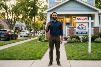 H1B visa holder holding house keys outside newly purchased American home