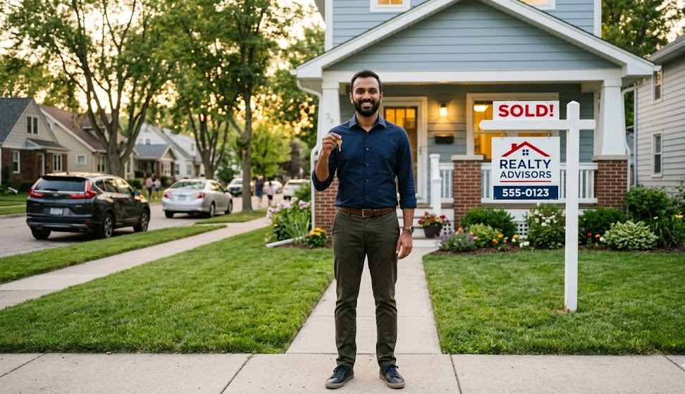 H1B visa holder holding house keys outside newly purchased American home
