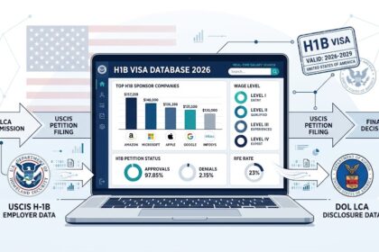 H1B Visa Database 2026 hero image showing USCIS and DOL data sources with salary charts and sponsor research dashboard