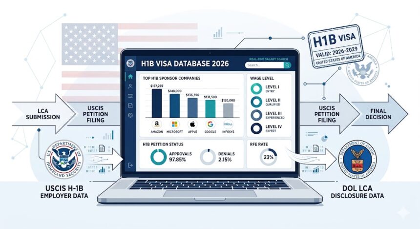 H1B Visa Database 2026 hero image showing USCIS and DOL data sources with salary charts and sponsor research dashboard