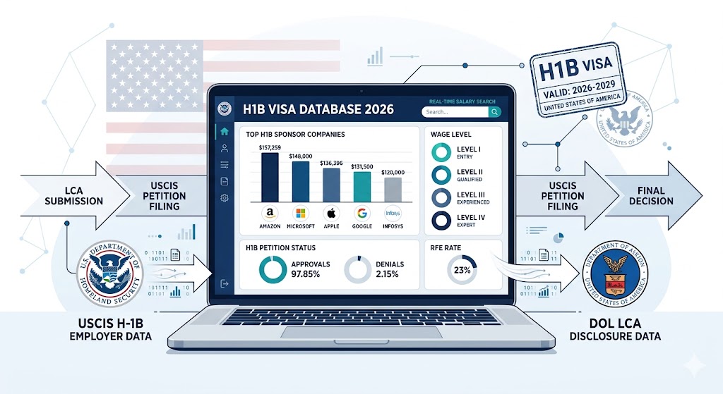 H1B Visa Database 2026 hero image showing USCIS and DOL data sources with salary charts and sponsor research dashboard