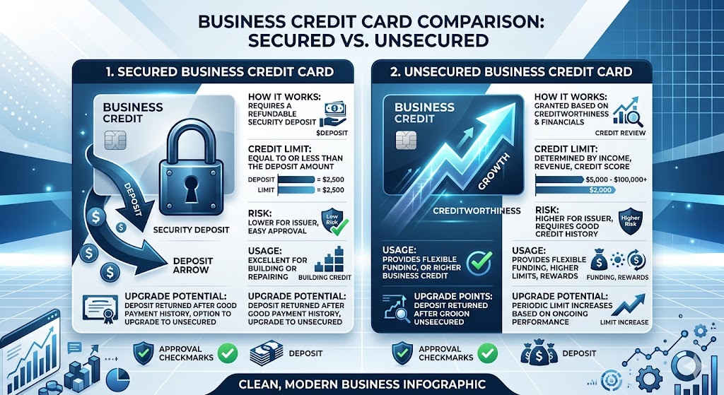 Comparison between secured and unsecured business credit cards in 2026