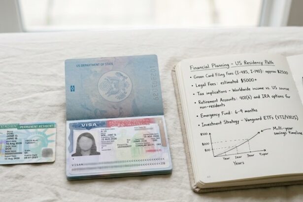 Green card and H1B visa documents with financial planning notebook representing long-term immigration cost planning