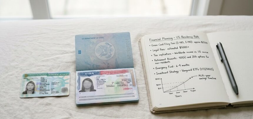 Green card and H1B visa documents with financial planning notebook representing long-term immigration cost planning