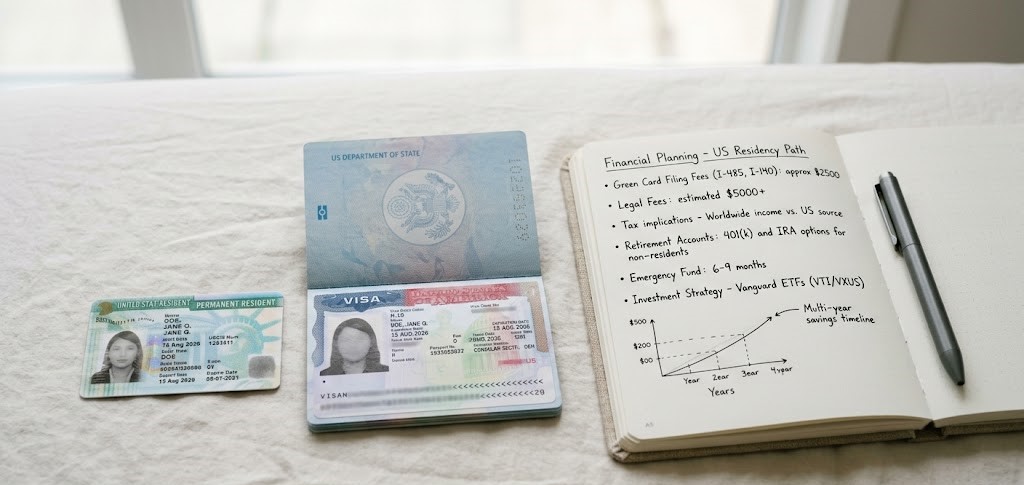Green card and H1B visa documents with financial planning notebook representing long-term immigration cost planning