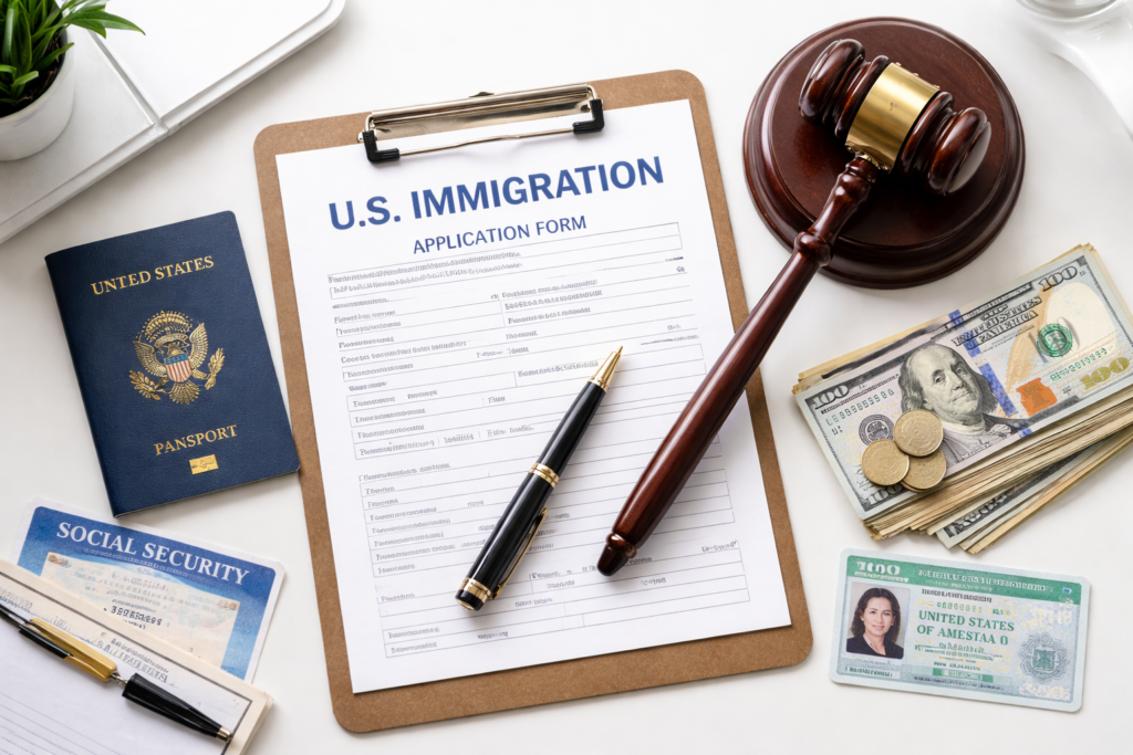 H1B visa fee documents and gavel symbolizing the 2026 legal challenge to Trump's $100,000 H1B fee