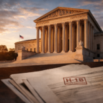 U.S. Supreme Court building with H1B visa documents representing the 2026 $100,000 fee legal challenge