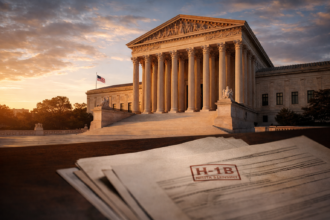 U.S. Supreme Court building with H1B visa documents representing the 2026 $100,000 fee legal challenge