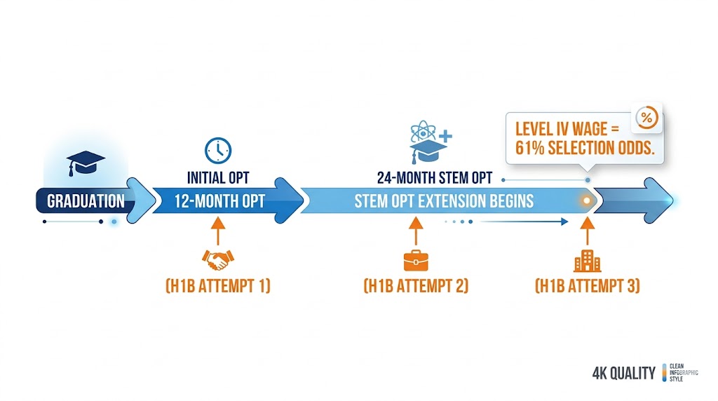 Timeline graphic showing F-1 OPT, STEM OPT extension, and three H1B lottery attempts over 36 months