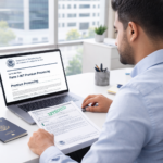 H-1B visa holder reviewing Form I-907 premium processing request on laptop at US office