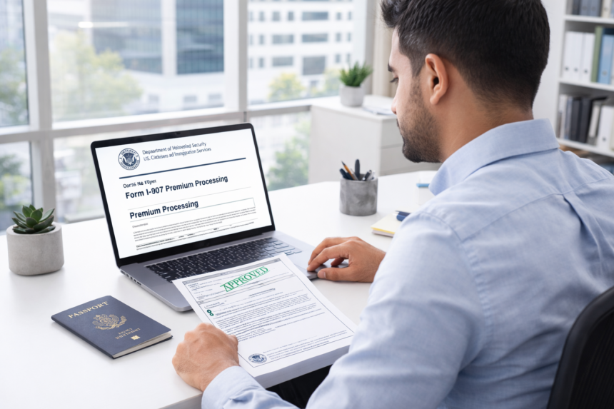 H-1B visa holder reviewing Form I-907 premium processing request on laptop at US office
