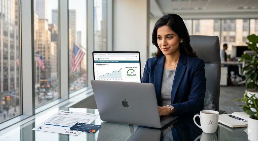 South Asian woman checking business credit score on laptop at office desk after using EIN-only business card