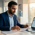 Indian professional reviewing H-1B transfer documents at office desk in 2026