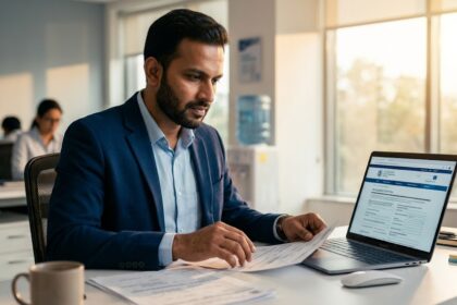 Indian professional reviewing H-1B transfer documents at office desk in 2026