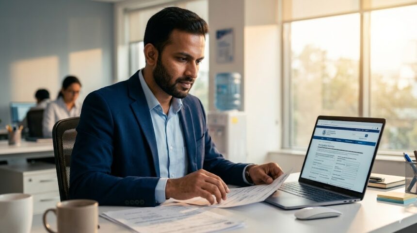 Indian professional reviewing H-1B transfer documents at office desk in 2026