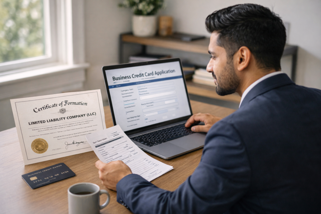 H-1B holder at desk with visa documents, LLC certificate, passport, and business credit card applying without SSN