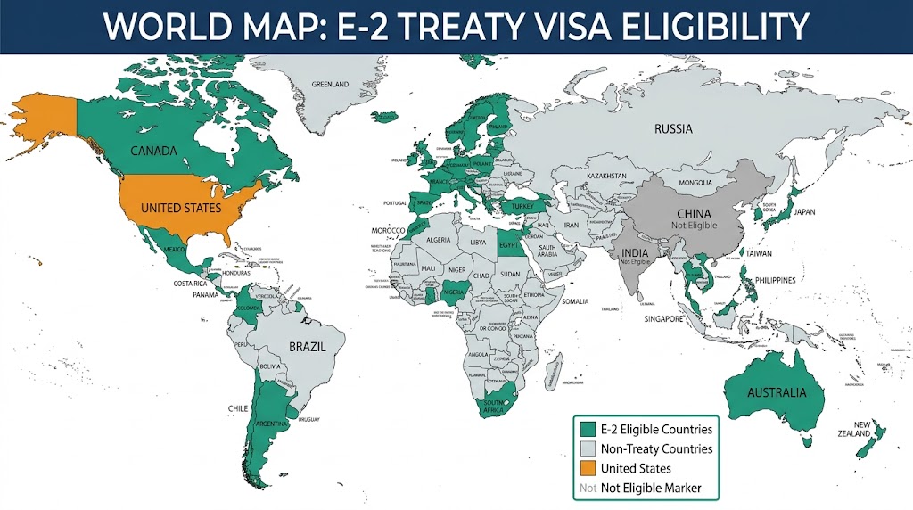 World map showing countries eligible for the E-2 Treaty Investor Visa in 2026, with India and China marked as ineligible