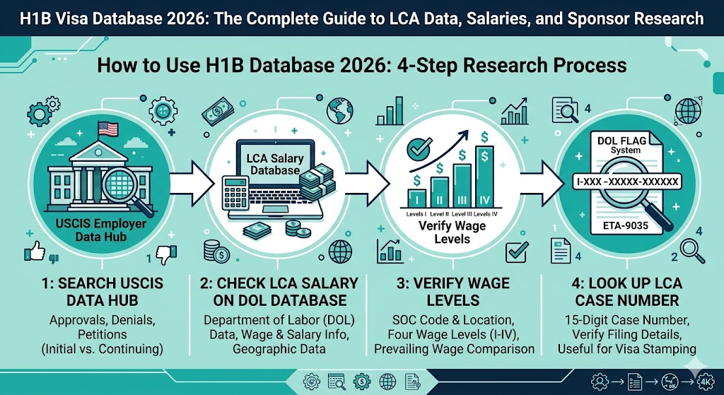 Step-by-step infographic showing how to use USCIS and DOL H1B databases to research employer approval rates, verify salary, and check LCA filings