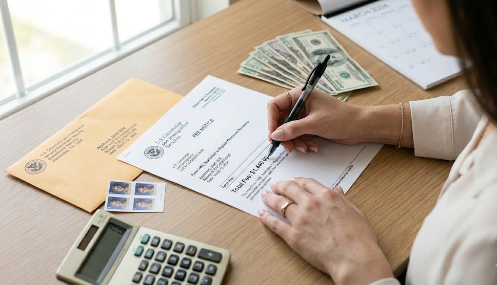 Person filling out USCIS Form I-907 premium processing request with pen on desk with immigration documents