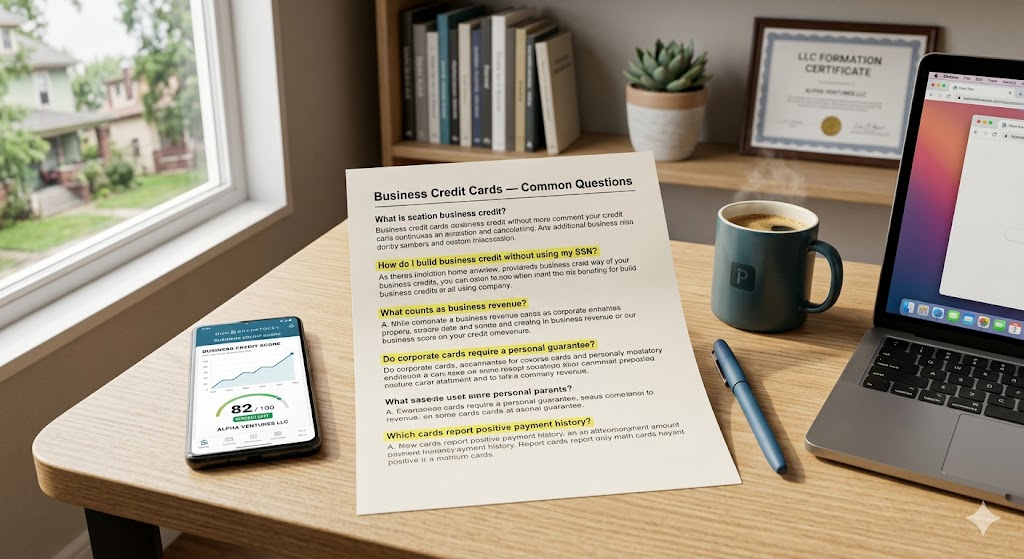 Printed FAQ document about EIN-only business credit cards on desk with highlighted questions and coffee mug