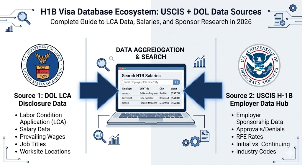 Infographic showing USCIS Employer Data Hub and DOL LCA database feeding into third-party H1B salary search tools