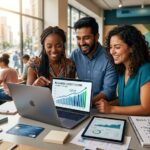 A group of diverse small business owners celebrating their rising business credit score on a laptop screen, representing the journey of building business credit from scratch in 2026