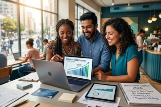 A group of diverse small business owners celebrating their rising business credit score on a laptop screen, representing the journey of building business credit from scratch in 2026