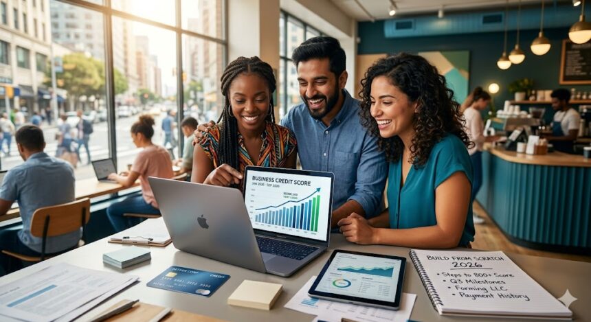 A group of diverse small business owners celebrating their rising business credit score on a laptop screen, representing the journey of building business credit from scratch in 2026