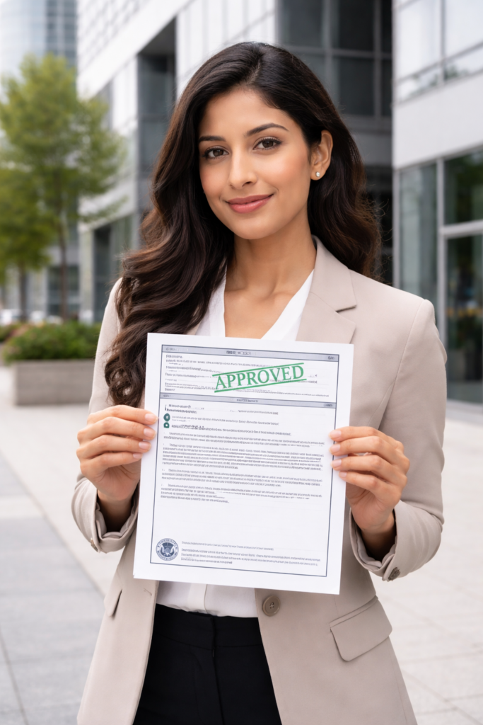 H-1B visa holder holding approved USCIS I-797 approval notice outside US office building