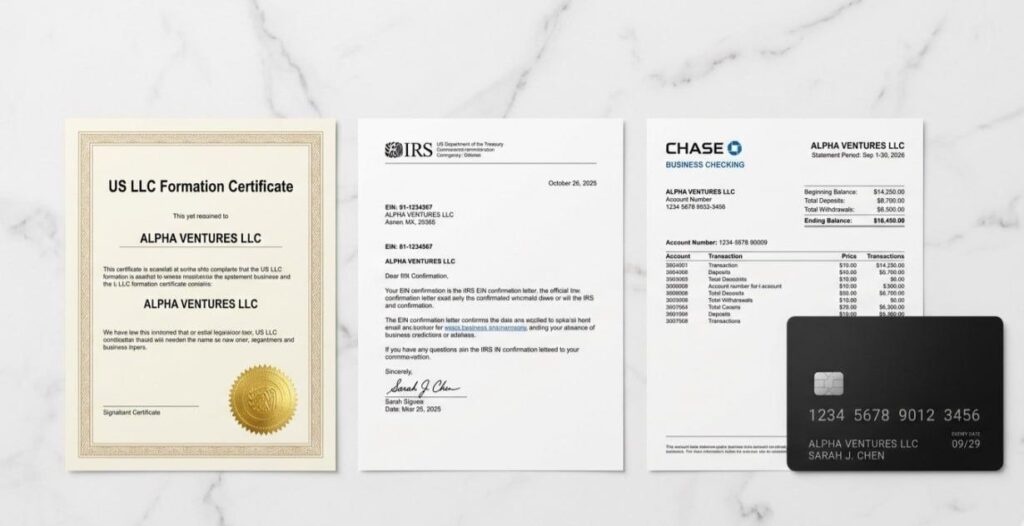 LLC certificate, EIN letter, business bank statement, and business credit card arranged on white marble desk